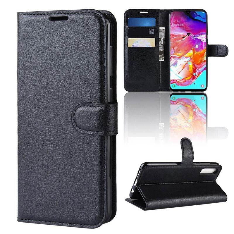 Litchi PU bőr pénztárca tok Samsung Galaxy A70 készülékhez - fekete