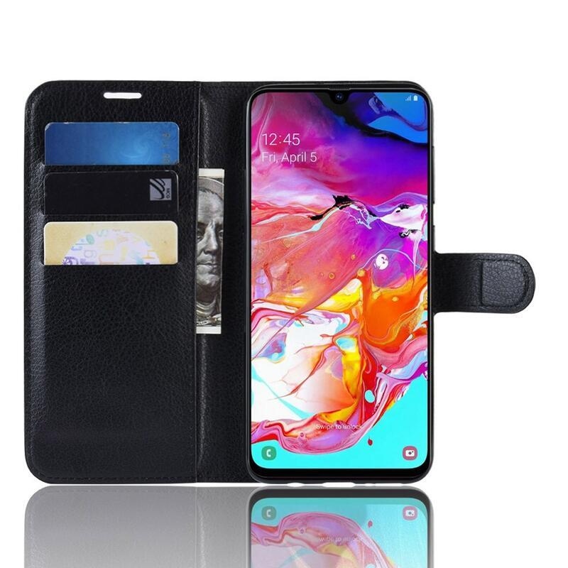 Litchi PU bőr pénztárca tok Samsung Galaxy A70 készülékhez - fekete