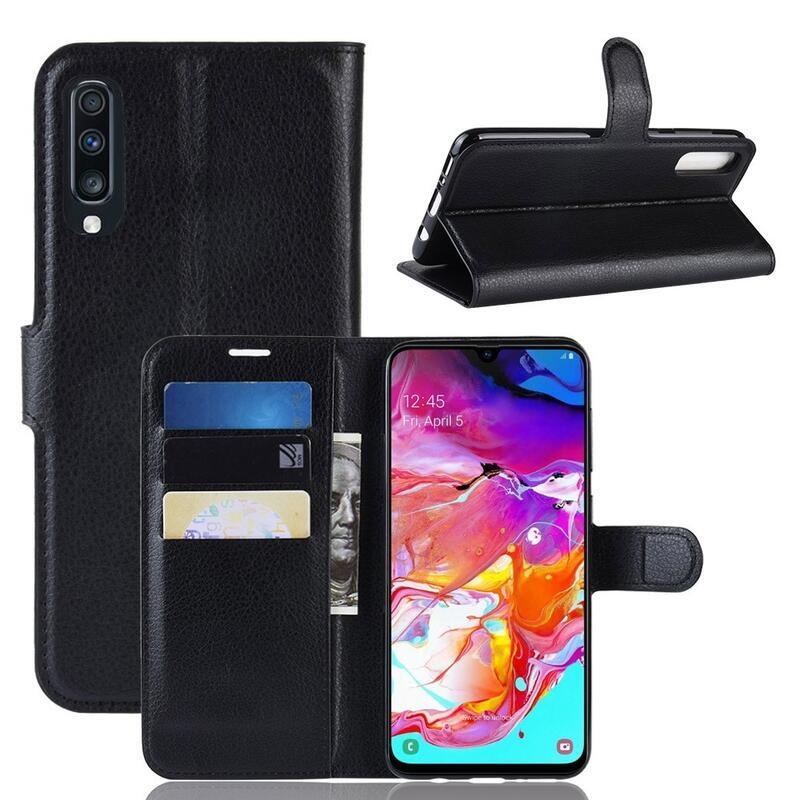 Litchi PU bőr pénztárca tok Samsung Galaxy A70 készülékhez - fekete