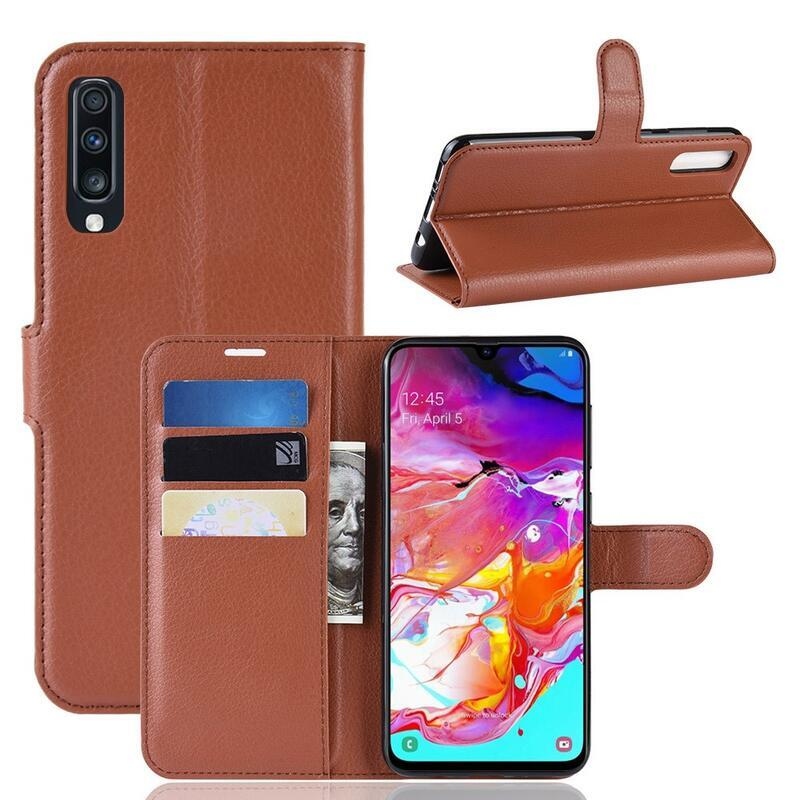 Litchi PU bőr pénztárca tok Samsung Galaxy A70-hez - barna