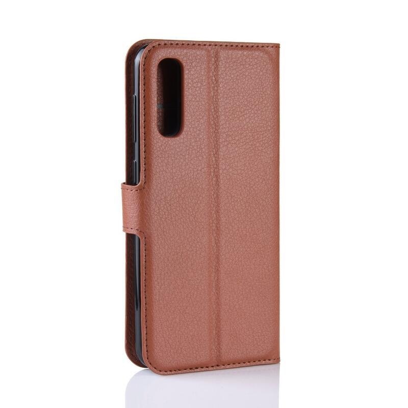 Litchi PU bőr pénztárca tok Samsung Galaxy A70-hez - barna