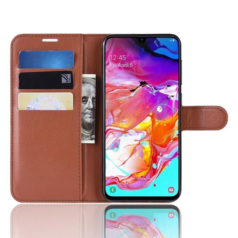Litchi PU bőr pénztárca tok Samsung Galaxy A70-hez - barna