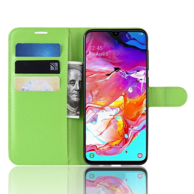 Litchi PU bőr pénztárca tok Samsung Galaxy A70-hez - zöld