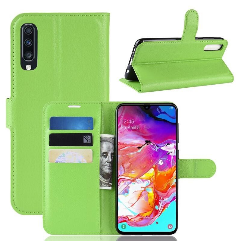 Litchi PU bőr pénztárca tok Samsung Galaxy A70-hez - zöld