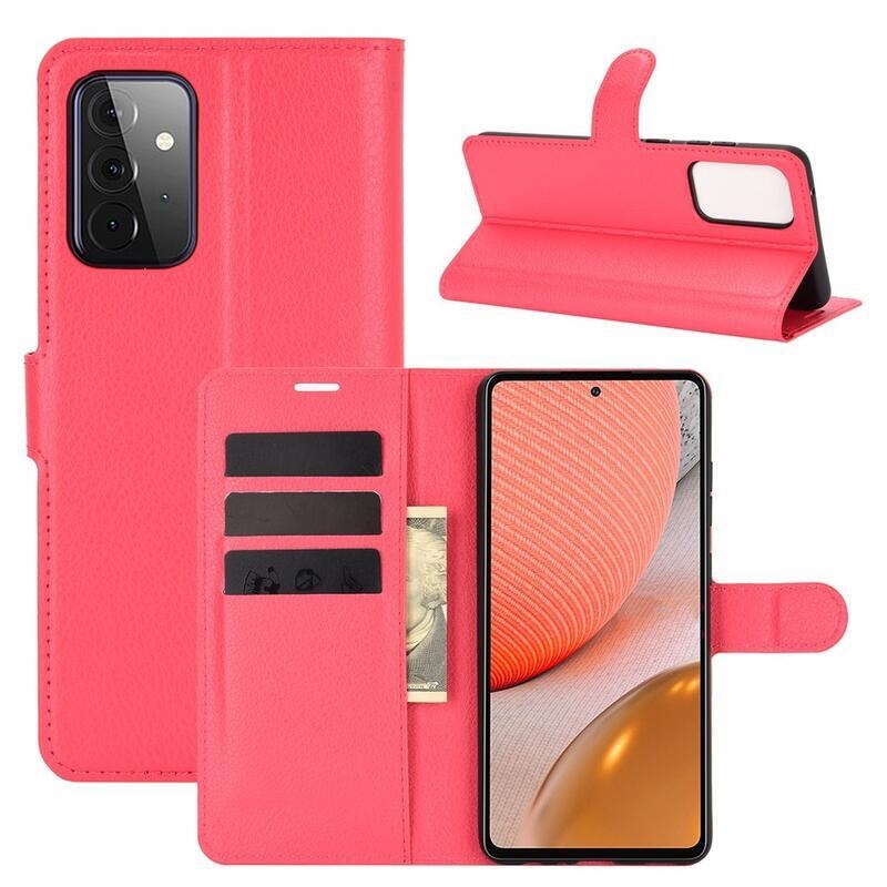 Litchi PU bőr pénztárca tok Samsung Galaxy A72 5G/4G - piros