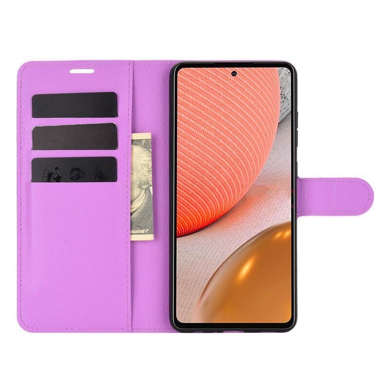 Litchi PU bőr pénztárca tok Samsung Galaxy A72 5G/4G - lila