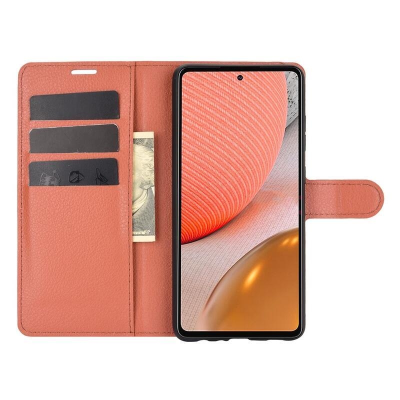 Litchi PU bőr pénztárca tok Samsung Galaxy A72 5G/4G - barna