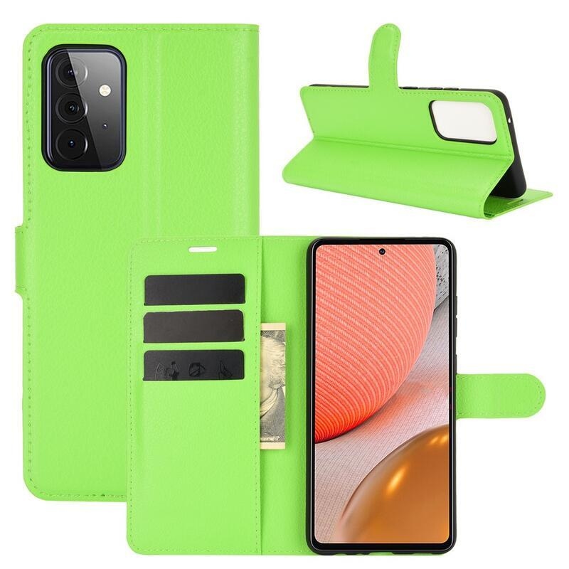 Litchi PU bőr pénztárca tok Samsung Galaxy A72 5G/4G - zöld