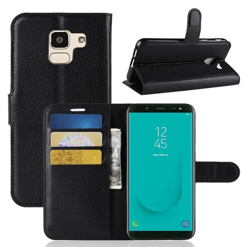 Litchi PU bőr pénztárca tok Samsung Galaxy J6 (2018) számára - fekete