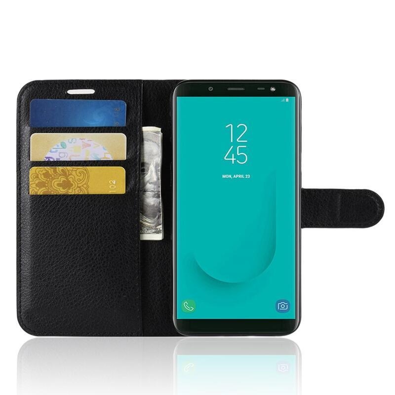 Litchi PU bőr pénztárca tok Samsung Galaxy J6 (2018) számára - fekete