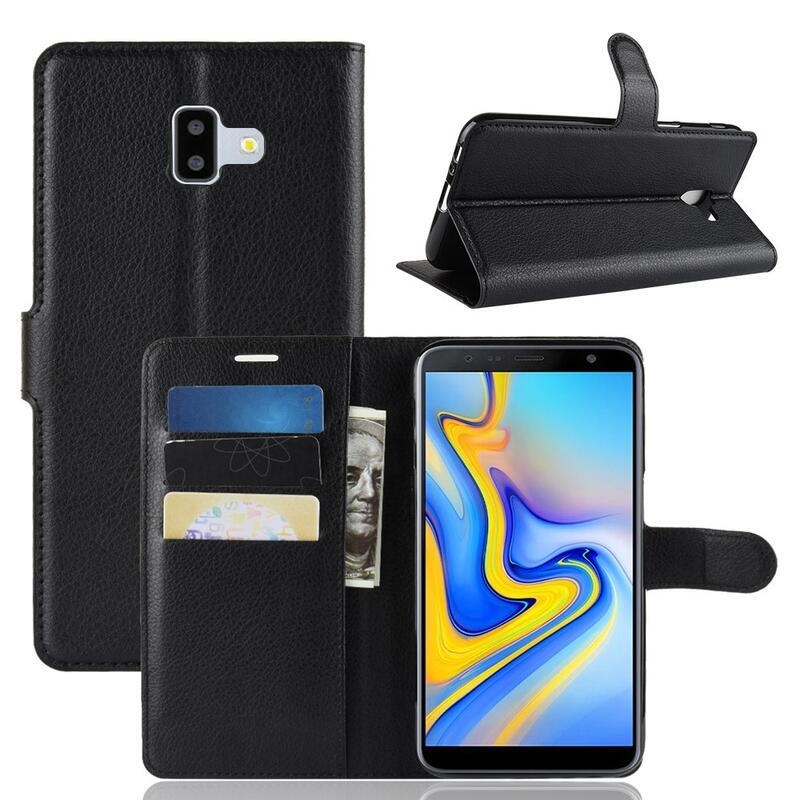 Litchi PU bőr pénztárca tok Samsung Galaxy J6 Plus-hoz - fekete