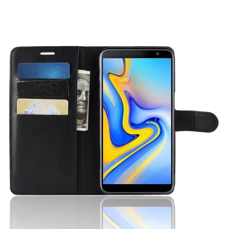Litchi PU bőr pénztárca tok Samsung Galaxy J6 Plus-hoz - fekete