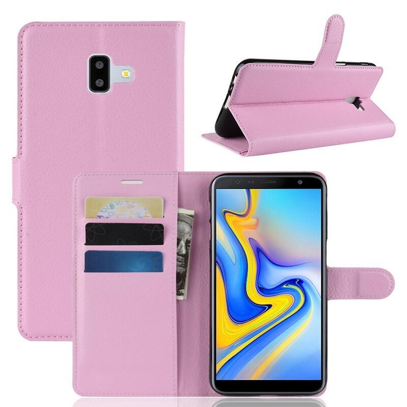Litchi PU bőr pénztárca tok Samsung Galaxy J6 Plus-hoz - rózsaszín