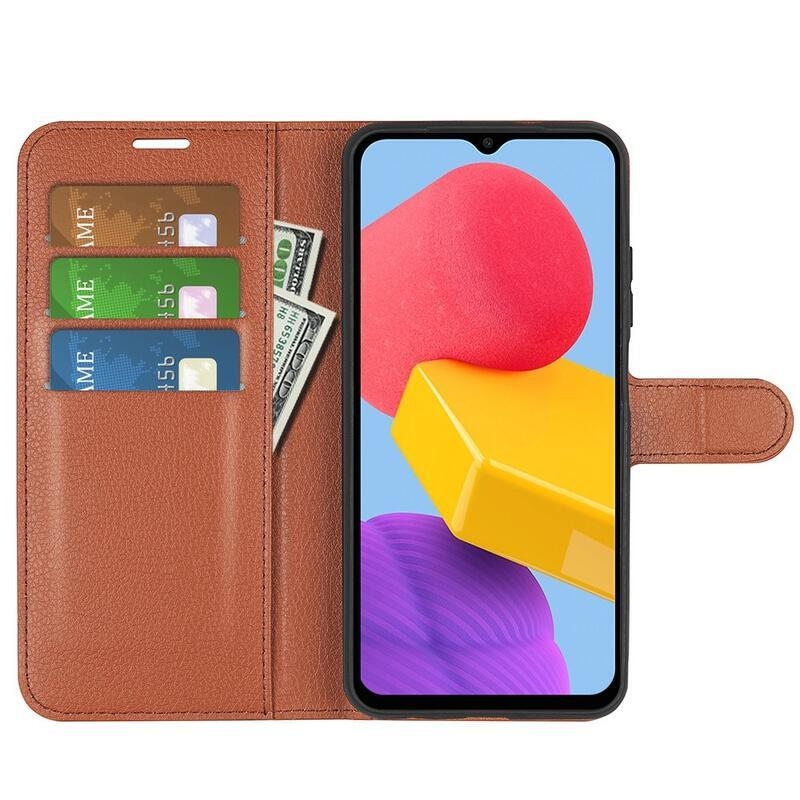 Litchi PU bőr pénztárca tok Samsung Galaxy M13 4G-hez - barna