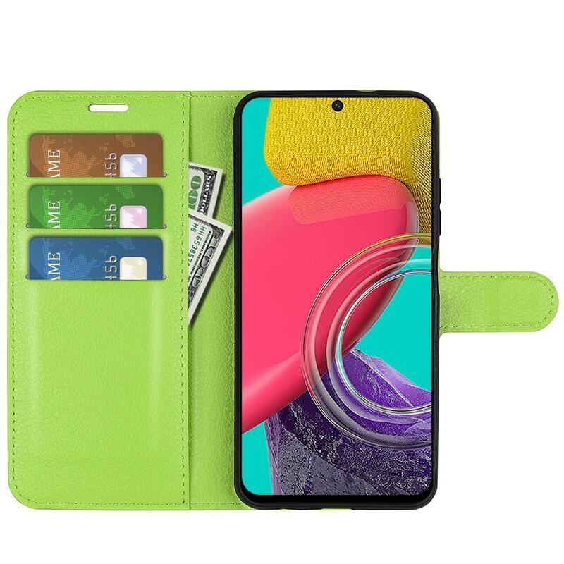 Litchi PU bőr pénztárca tok Samsung Galaxy M53 5G-hez - zöld