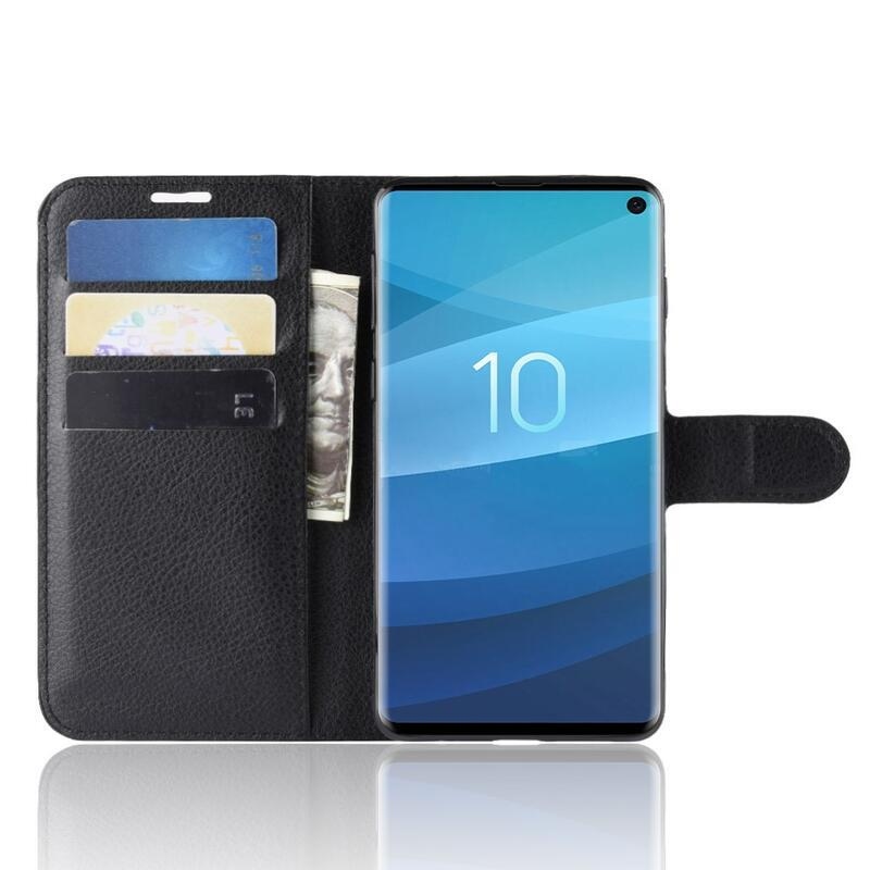 Litchi PU bőr pénztárca tok Samsung Galaxy S10 készülékhez - fekete