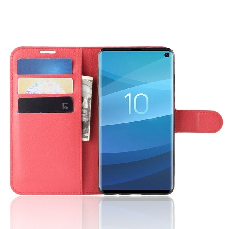Litchi PU bőr pénztárca tok Samsung Galaxy S10 készülékhez - piros