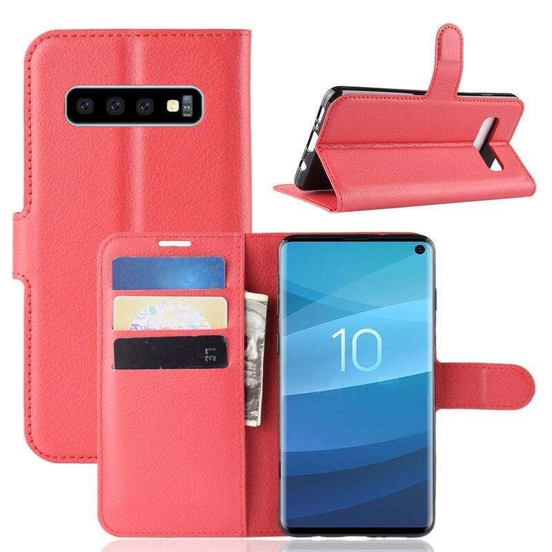 Litchi PU bőr pénztárca tok Samsung Galaxy S10 készülékhez - piros