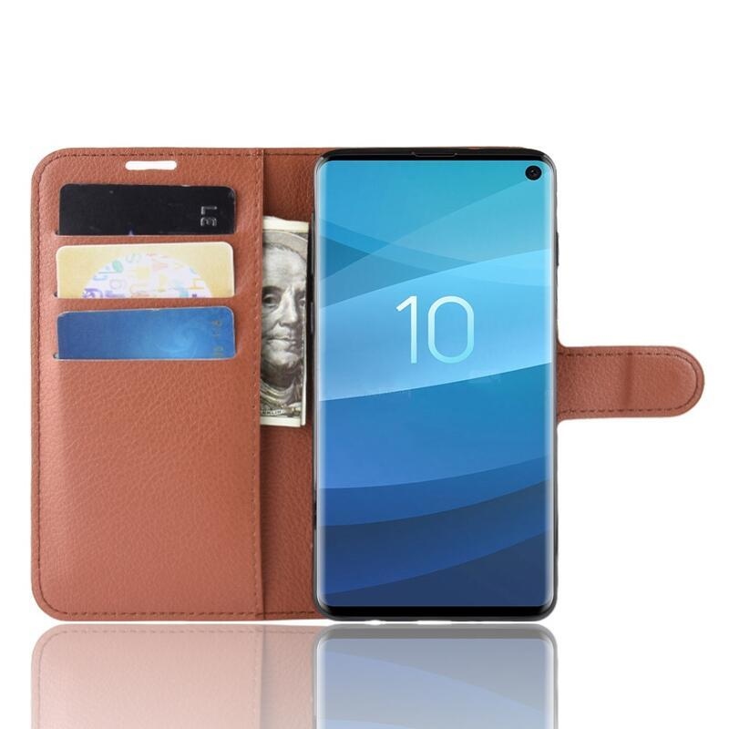 Litchi PU bőr pénztárca tok Samsung Galaxy S10 készülékhez - barna