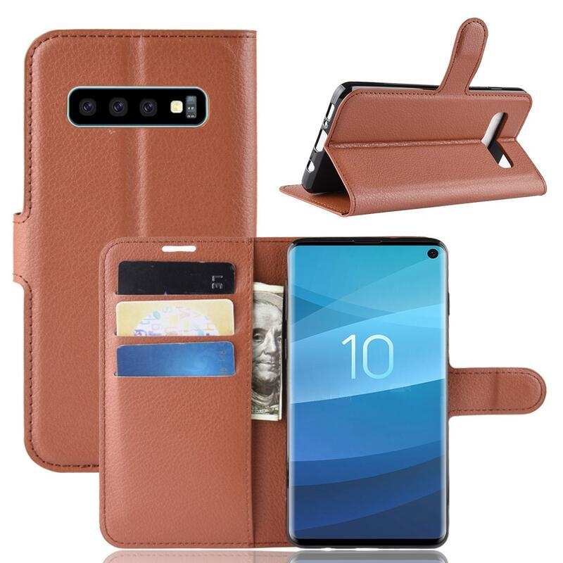 Litchi PU bőr pénztárca tok Samsung Galaxy S10 készülékhez - barna