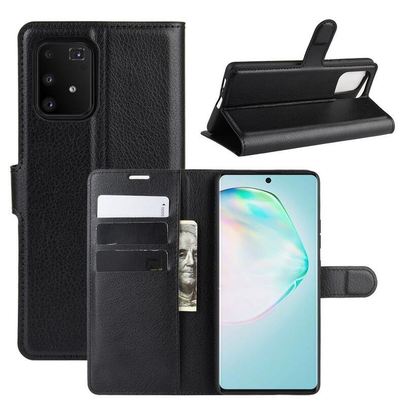 Litchi PU bőr pénztárca tok Samsung Galaxy S10 Lite-hoz - fekete