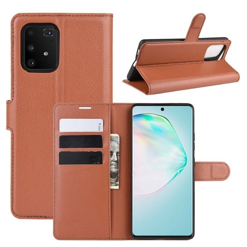 Litchi PU bőr pénztárca tok Samsung Galaxy S10 Lite-hoz - barna