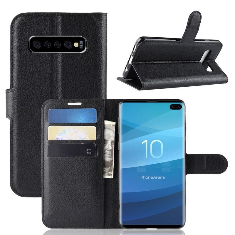 Litchi PU bőr pénztárca tok Samsung Galaxy S10 plus-hoz - fekete