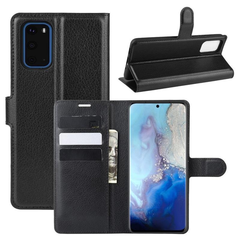 Litchi PU bőr pénztárca tok Samsung Galaxy S20-hoz - fekete