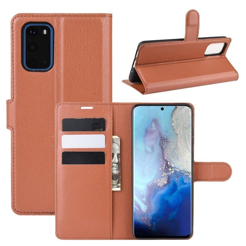 Litchi PU bőr pénztárca tok Samsung Galaxy S20-hoz - barna