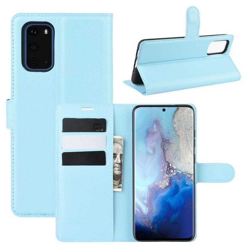 Litchi PU bőr pénztárca tok Samsung Galaxy S20-hoz - kék