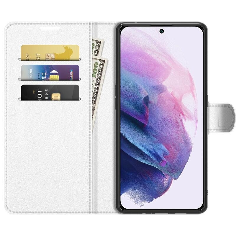 Litchi PU bőr pénztárca tok Samsung Galaxy S22+ 5G számára - fehér