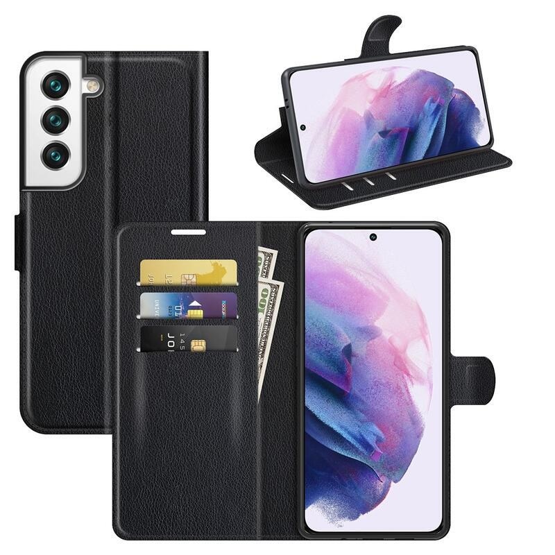 Litchi PU bőr pénztárca tok Samsung Galaxy S22+ 5G számára - fekete