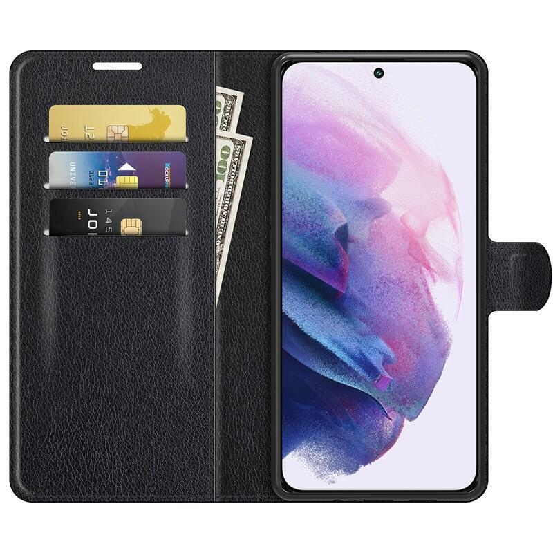 Litchi PU bőr pénztárca tok Samsung Galaxy S22+ 5G számára - fekete
