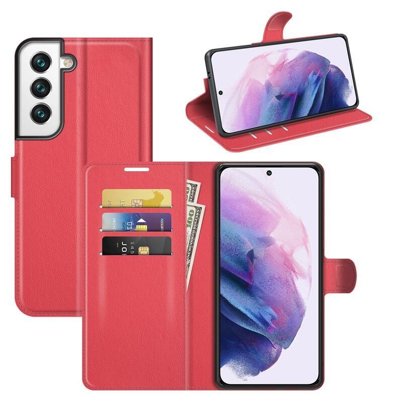 Litchi PU bőr pénztárca tok Samsung Galaxy S22+ 5G számára - piros
