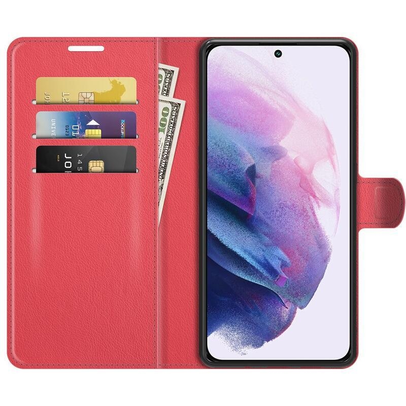 Litchi PU bőr pénztárca tok Samsung Galaxy S22+ 5G számára - piros