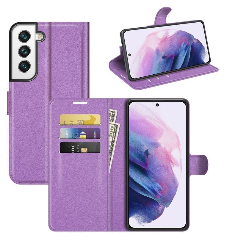 Litchi PU bőr pénztárca tok Samsung Galaxy S22 5G-hez - lila