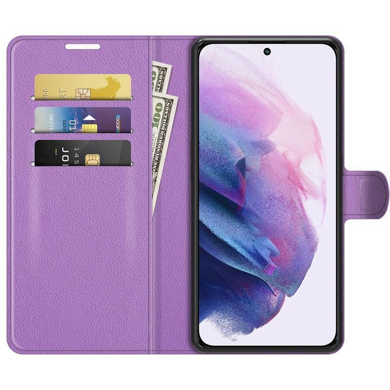 Litchi PU bőr pénztárca tok Samsung Galaxy S22 5G-hez - lila