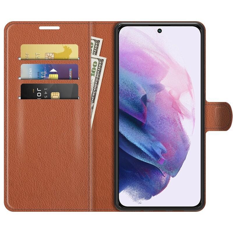 Litchi PU bőr pénztárca tok Samsung Galaxy S22 5G-hez - barna