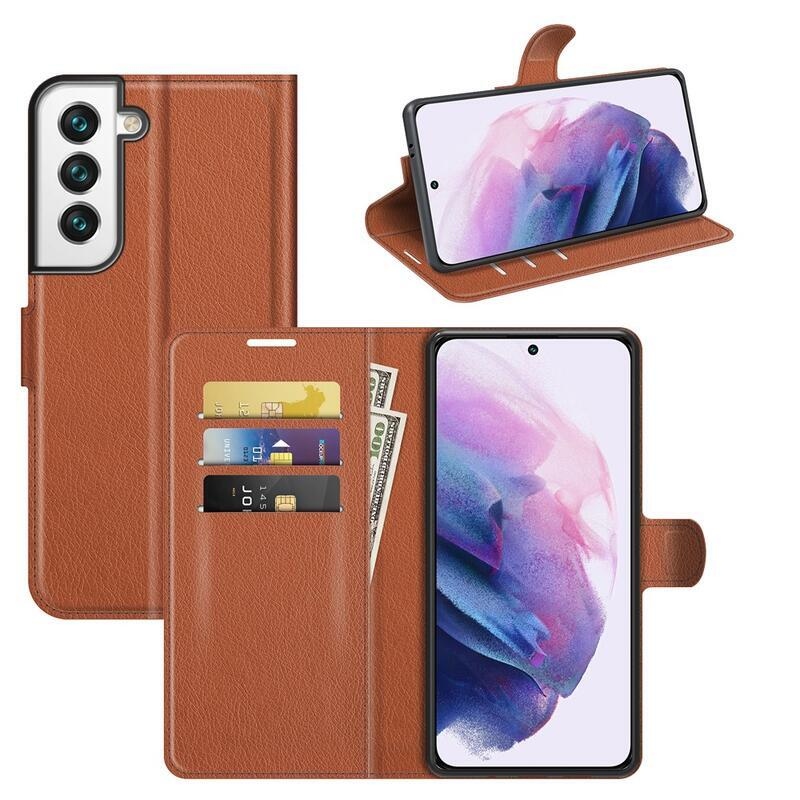 Litchi PU bőr pénztárca tok Samsung Galaxy S22 5G-hez - barna