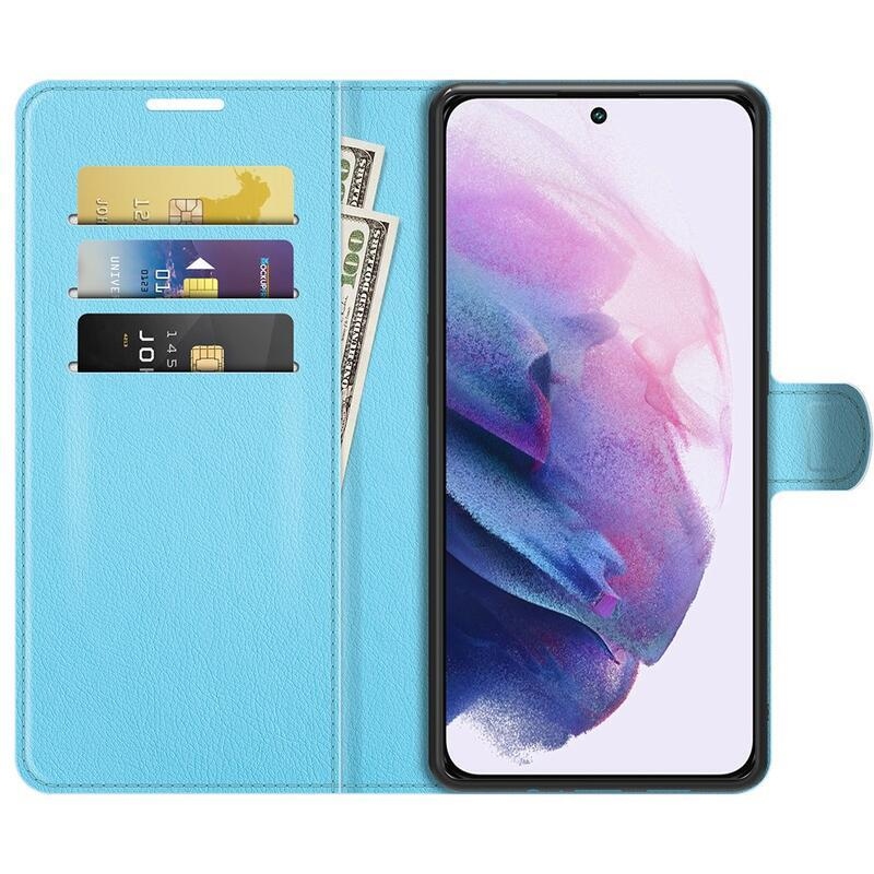 Litchi PU bőr pénztárca tok Samsung Galaxy S22 5G-hez - kék