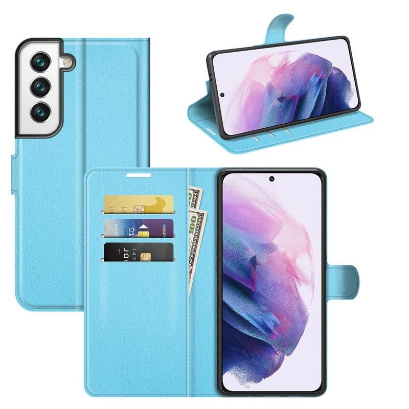 Litchi PU bőr pénztárca tok Samsung Galaxy S22 5G-hez - kék