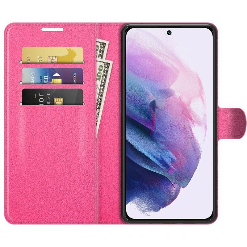 Litchi PU bőr pénztárca tok Samsung Galaxy S22+ 5G - rózsaszínű