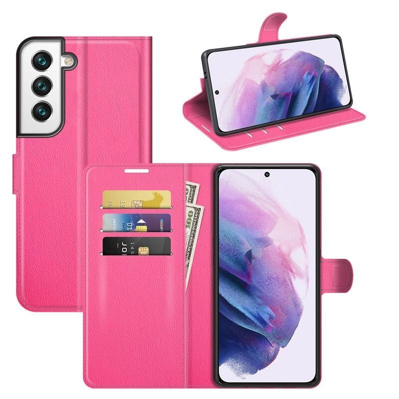 Litchi PU bőr pénztárca tok Samsung Galaxy S22+ 5G - rózsaszínű