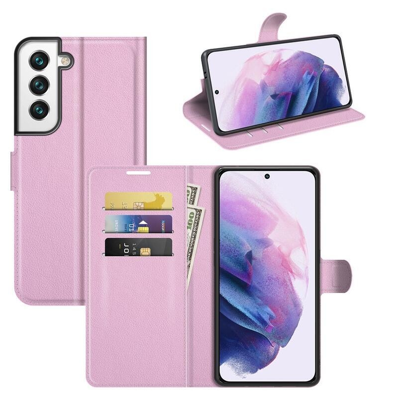 Litchi PU bőr pénztárca tok Samsung Galaxy S22+ 5G számára - rózsaszín