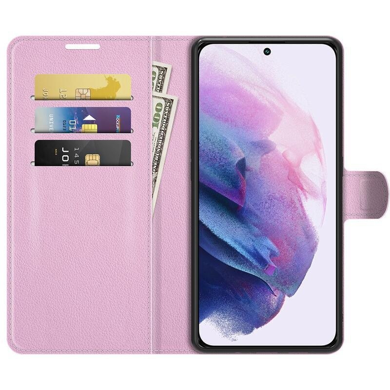 Litchi PU bőr pénztárca tok Samsung Galaxy S22+ 5G számára - rózsaszín