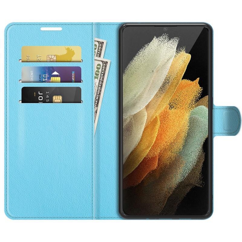 Litchi PU bőr pénztárca tok Samsung Galaxy S22 Ultra 5G számára - kék