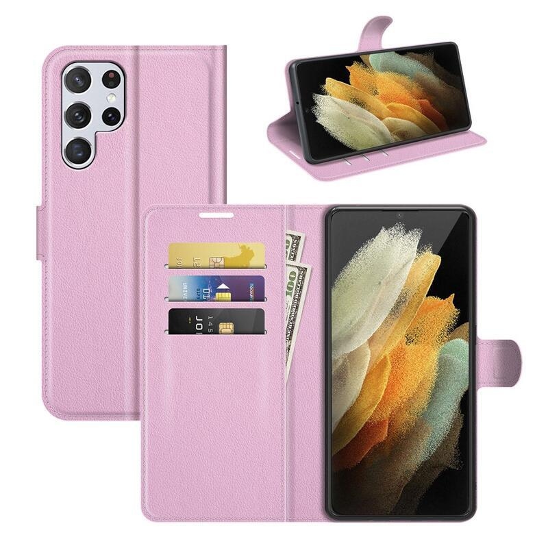 Litchi PU bőr pénztárca tok Samsung Galaxy S22 Ultra 5G számára - rózsaszín