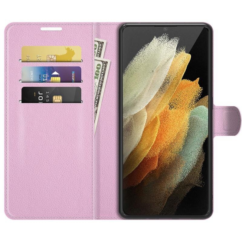 Litchi PU bőr pénztárca tok Samsung Galaxy S22 Ultra 5G számára - rózsaszín