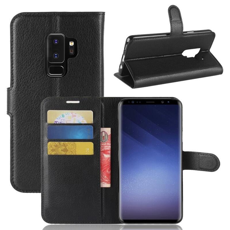Litchi PU bőr pénztárca tok Samsung Galaxy S9+-hoz - fekete