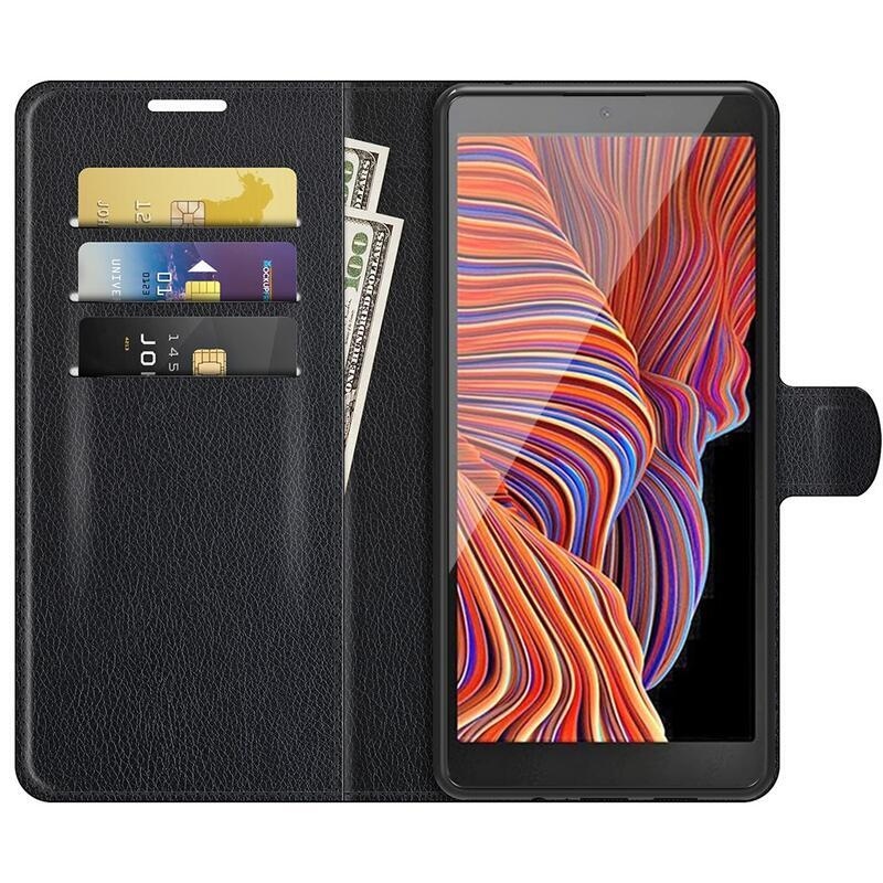 Litchi PU bőr pénztárca tok Samsung Galaxy Xcover 5 készülékhez - fekete